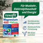 taxofit Magnesium 400 + Potassium | 400 mg Magnesium + 400 mg Potassium, B6, B12, Iron & Zinc | Muscles, Electrolytes & Energy | Vegan | 30 Tablets | PZN 18112952