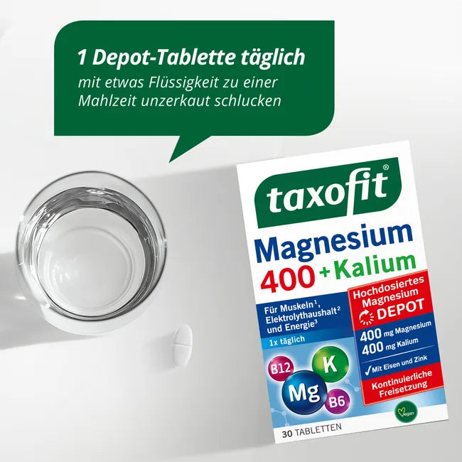 taxofit Magnesium 400 + Potassium | 400 mg Magnesium + 400 mg Potassium, B6, B12, Iron & Zinc | Muscles, Electrolytes & Energy | Vegan | 30 Tablets | PZN 18112952