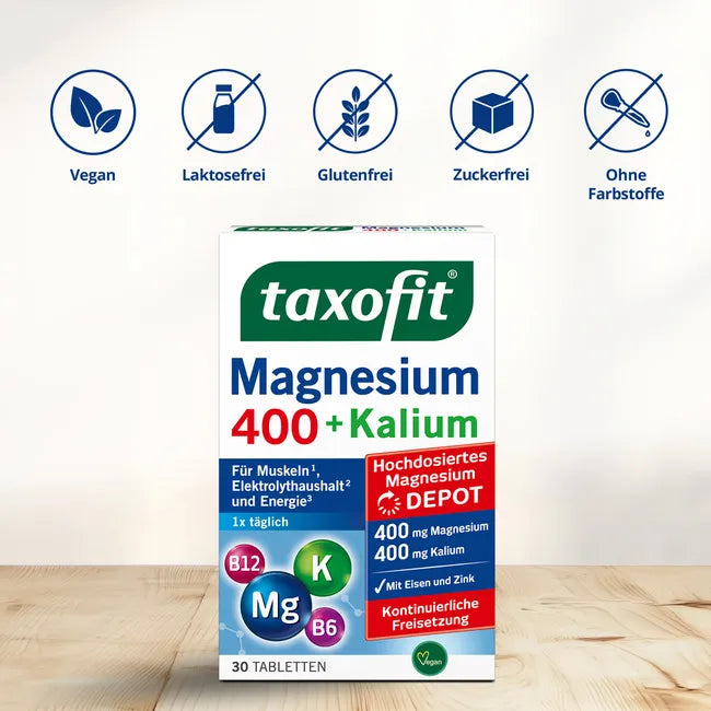 taxofit Magnesium 400 + Potassium | 400 mg Magnesium + 400 mg Potassium, B6, B12, Iron & Zinc | Muscles, Electrolytes & Energy | Vegan | 30 Tablets | PZN 18112952