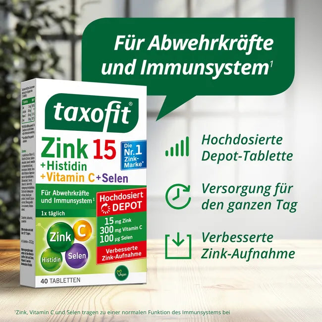 taxofit Zinc 15 + Histidine + Vitamin C + Selenium | Immune System, Skin, Hair & Cell Protection | Vegan | 30 Tablets | PZN 18112969