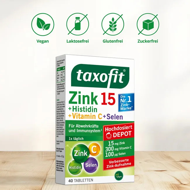 taxofit Zinc 15 + Histidine + Vitamin C + Selenium | Immune System, Skin, Hair & Cell Protection | Vegan | 30 Tablets | PZN 18112969