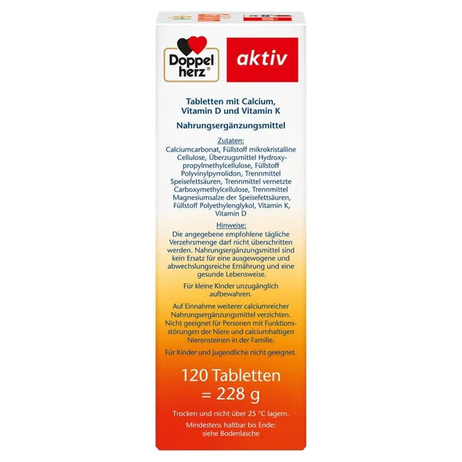 Doppelherz Calcium + D3 + K | Up to 1,200 mg Calcium for Bones & Teeth | 120 Tablets | PZN 18114684
