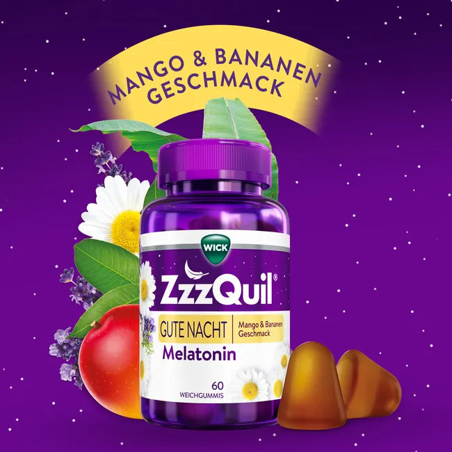 WICK ZzzQuil Gute Nacht Gummies Variety Pack Wild Berry + Mango Banana | 120 Melatonin Gummies | 1 mg Melatonin + Vitamin B6 & Botanical Extracts PZN 16894643 + 18137478