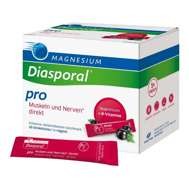 Magnesium-Diasporal Pro Muscles & Nerves Direct | 300 mg Magnesium + Vitamin B Complex | Sugar-Free Direct Granules | 30 Sticks | PZN 18160135