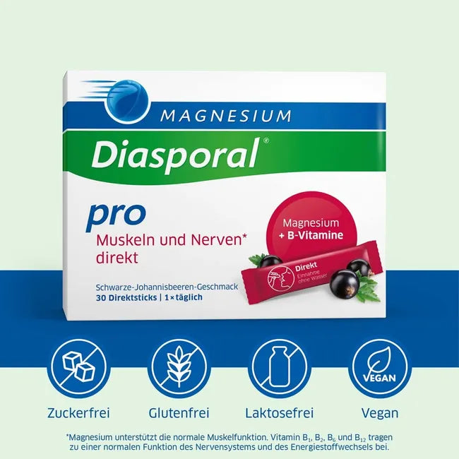 Magnesium-Diasporal Pro Muscles & Nerves Direct | 300 mg Magnesium + Vitamin B Complex | Sugar-Free Direct Granules | 30 Sticks | PZN 18160135