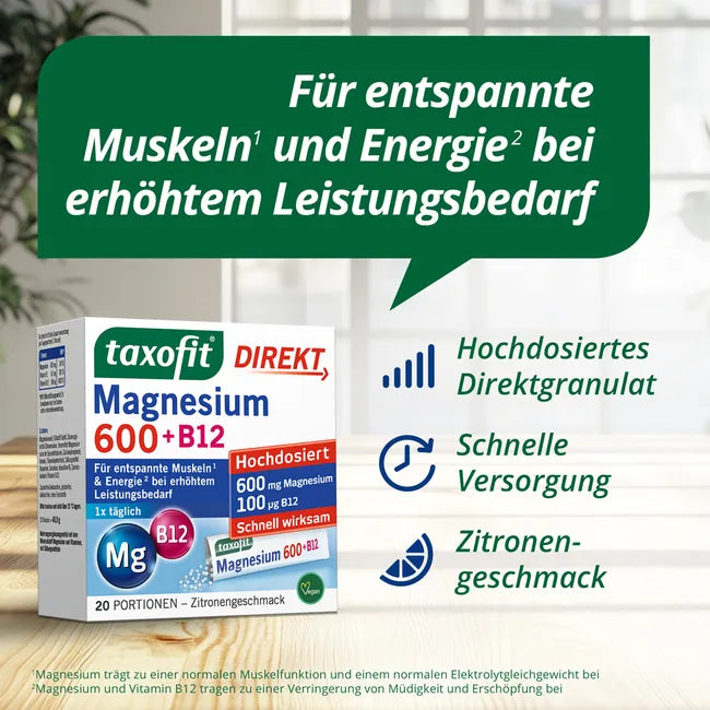 taxofit Magnesium 600 + B12 DIRECT Granules | 600 mg Magnesium + Vitamins B1 & B12 | Muscles, Energy & Nerves | Vegan | 20 Sachets | PZN 18263065