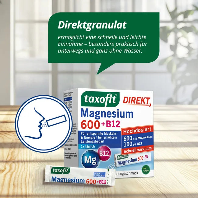 taxofit Magnesium 600 + B12 DIRECT Granules | 600 mg Magnesium + Vitamins B1 & B12 | Muscles, Energy & Nerves | Vegan | 20 Sachets | PZN 18263065
