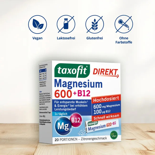 taxofit Magnesium 600 + B12 DIRECT Granules | 600 mg Magnesium + Vitamins B1 & B12 | Muscles, Energy & Nerves | Vegan | 20 Sachets | PZN 18263065
