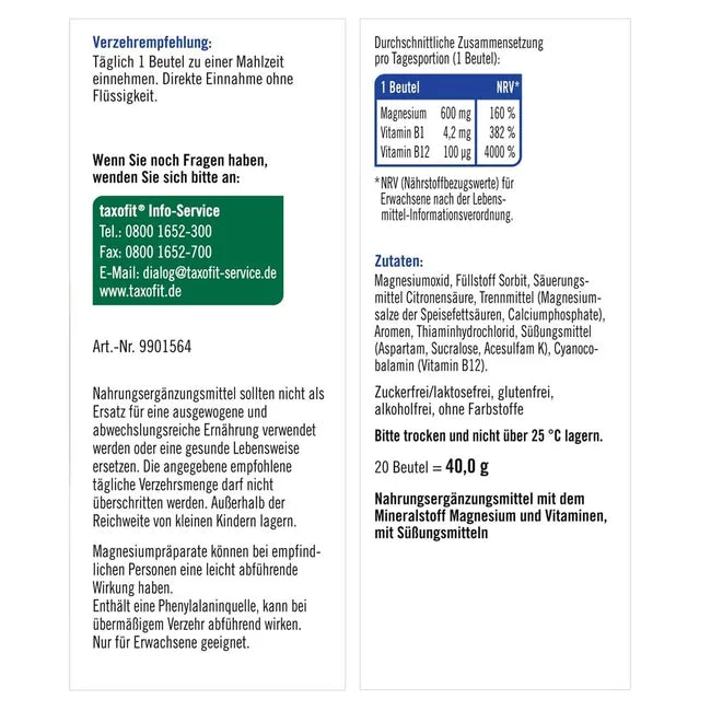taxofit Magnesium 600 + B12 DIRECT Granules | 600 mg Magnesium + Vitamins B1 & B12 | Muscles, Energy & Nerves | Vegan | 20 Sachets | PZN 18263065