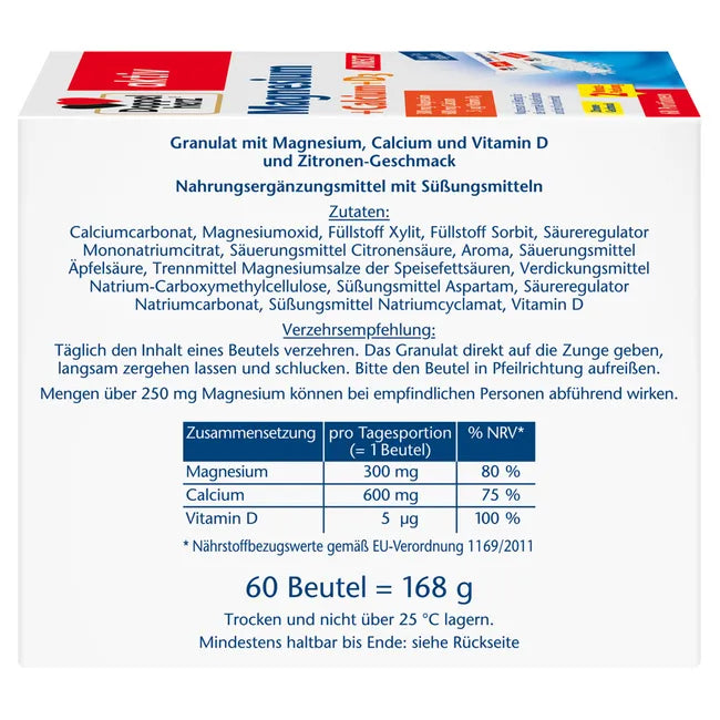 Doppelherz aktiv Magnesium + Calcium + D3 DIRECT Value Pack 240 Sachets | 4 × 60 Micro-Pellet Sachets | 300 mg Magnesium, 600 mg Calcium & Vitamin D3 | Lemon Flavor  PZN 18390668