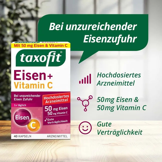 taxofit Iron + Vitamin C | 50 mg Iron II + 50 mg Vitamin C | For Insufficient Iron Intake | Delayed Release | 40 Capsules | PZN 18399741