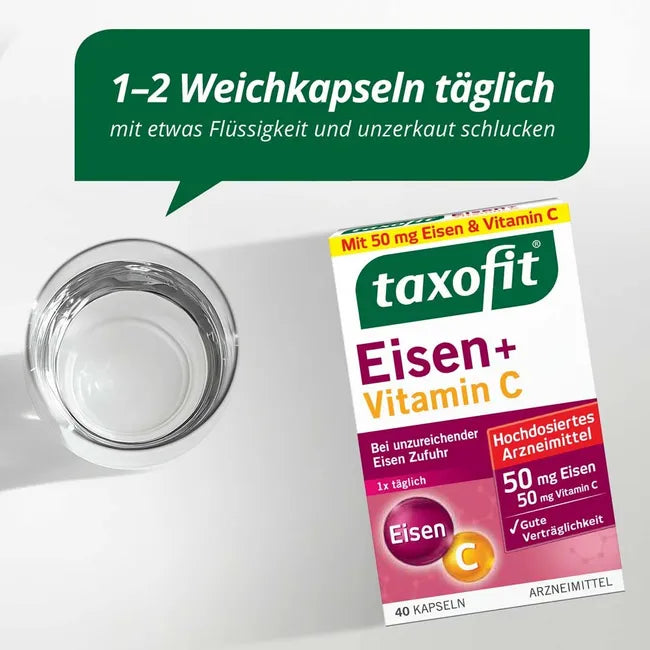 taxofit Iron + Vitamin C | 50 mg Iron II + 50 mg Vitamin C | For Insufficient Iron Intake | Delayed Release | 40 Capsules | PZN 18399741
