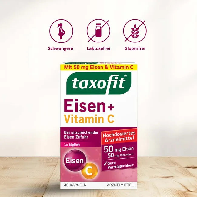 taxofit Iron + Vitamin C | 50 mg Iron II + 50 mg Vitamin C | For Insufficient Iron Intake | Delayed Release | 40 Capsules | PZN 18399741