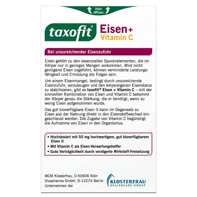 taxofit Iron + Vitamin C | 50 mg Iron II + 50 mg Vitamin C | For Insufficient Iron Intake | Delayed Release | 40 Capsules | PZN 18399741