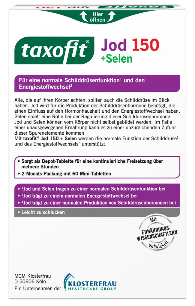 taxofit Iodine 150 + Selenium | 150 µg Iodine + 55 µg Selenium | Thyroid Function & Energy Metabolism Support | Vegan | 60 Mini Tablets | PZN 18405855