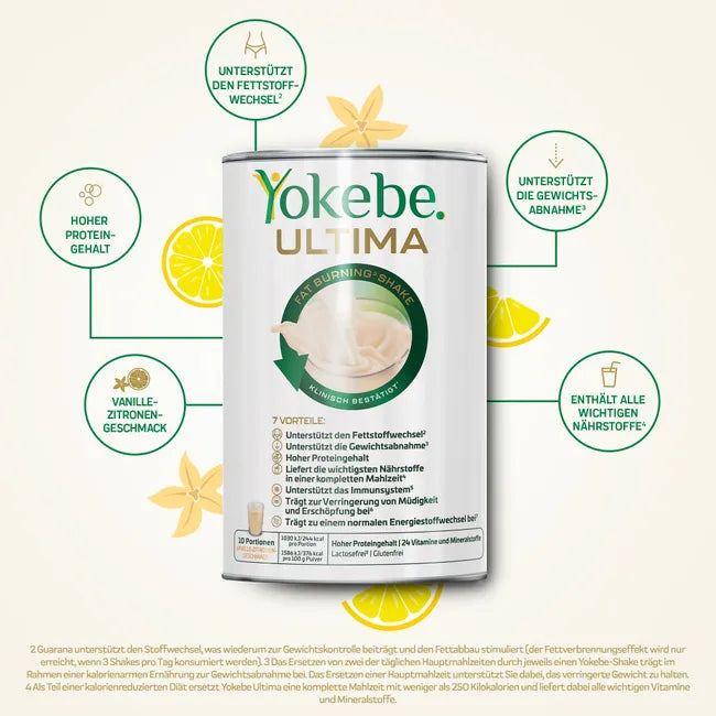 Yokebe ULTIMA Fat Burning Shake | High-Protein Meal Replacement with Guarana, Vitamins & Minerals | Vanilla-Lemon | 2 × 400 g | PZN 18426165