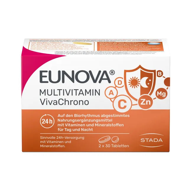 EUNOVA Multivitamin VivaChrono | 24-Hour Morning & Evening Vitamin + Mineral Formula | 16 Micronutrients | 2 × 30 Tablets | PZN 18442891