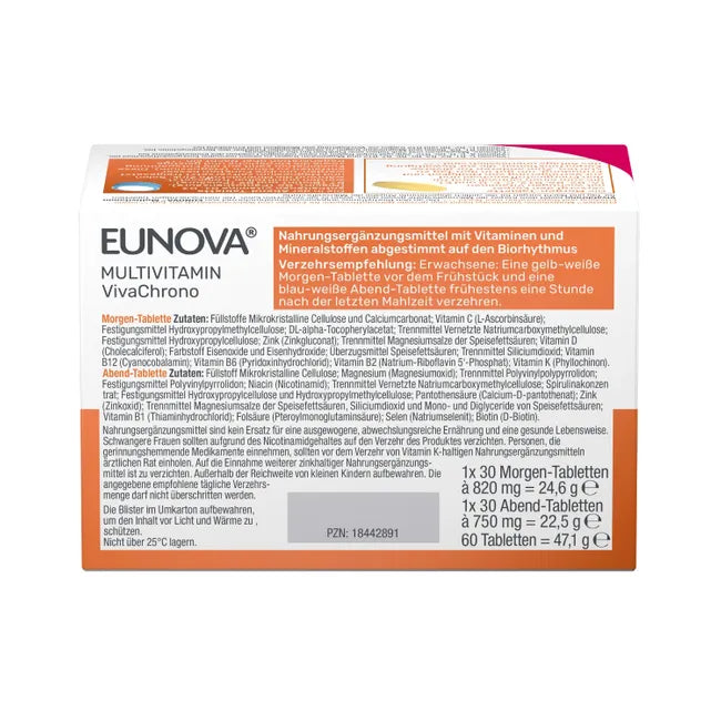 EUNOVA Multivitamin VivaChrono | 24-Hour Morning & Evening Vitamin + Mineral Formula | 16 Micronutrients | 2 × 30 Tablets | PZN 18442891