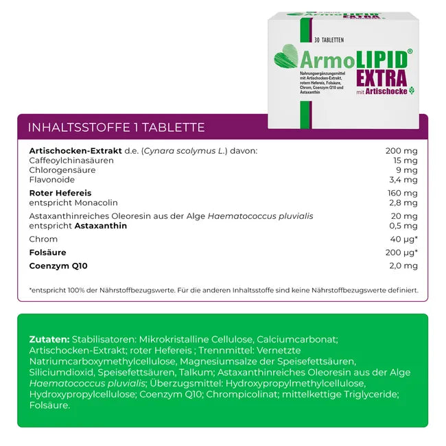 Armolipid Extra 30 Tablets | Cholesterol Support | Red Yeast Rice, Artichoke, Coenzyme Q10, Chromium & Folic Acid | PZN 18498727