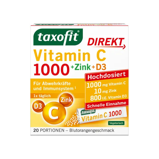 taxofit Vitamin C 1000 + Zinc + D3 DIRECT | 1000 mg Vitamin C + D3, Zinc & Selenium | Immune & Antioxidant Support | 20 Sachets | PZN 18652909
