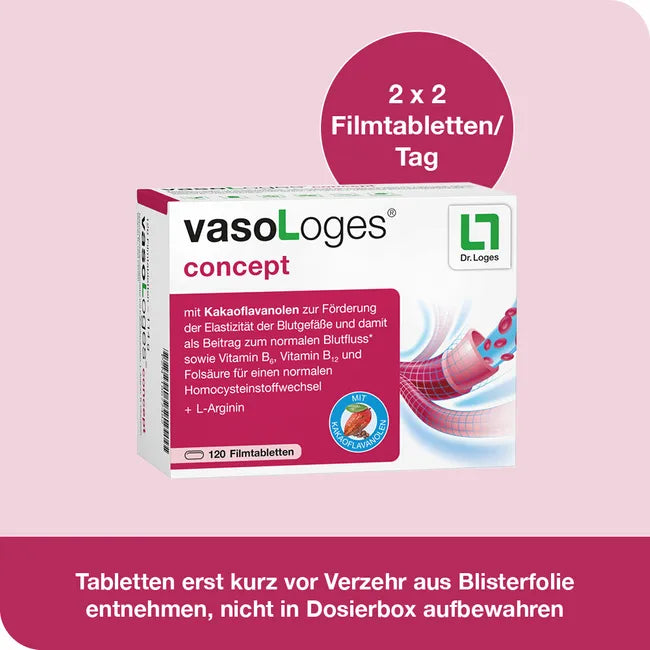 vasoLoges concept | L-Arginine, Cocoa Flavanols, Vitamin B Complex & Vitamin K2 | Vascular & Blood Flow Support | 240 Film Tablets | PZN 18677499