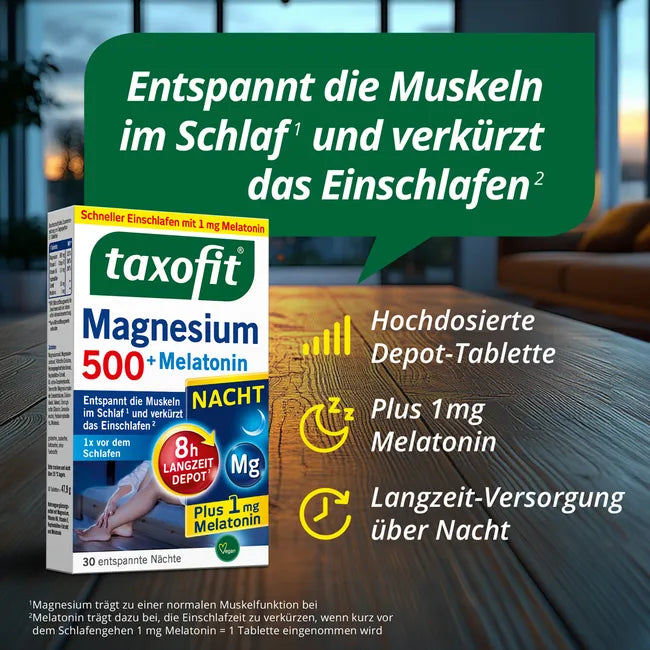 taxofit Magnesium 500 Night + Melatonin | 2-Pack | 1 mg Melatonin, Hops, Vitamin B6 & E | 2 × 30 Tablets | PZN 18739651