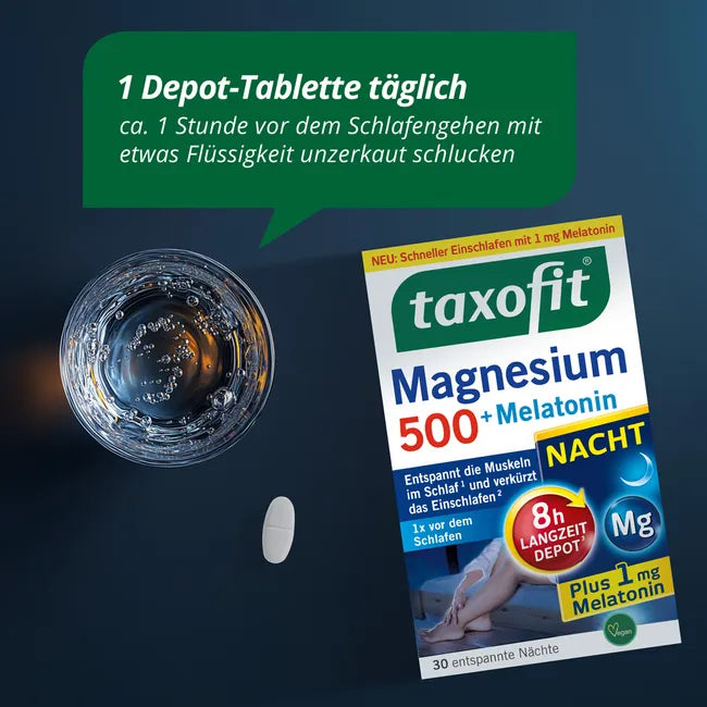 taxofit Magnesium 500 Night + Melatonin | 2-Pack | 1 mg Melatonin, Hops, Vitamin B6 & E | 2 × 30 Tablets | PZN 18739651