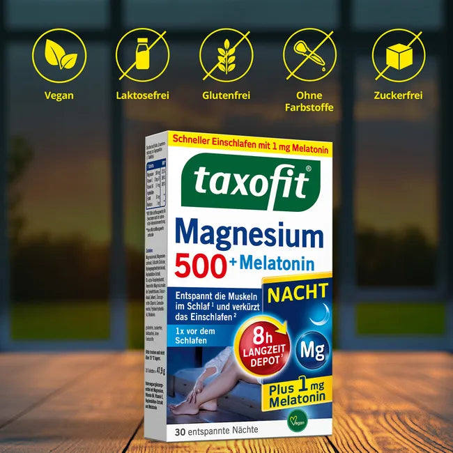 taxofit Magnesium 500 Night + Melatonin | 2-Pack | 1 mg Melatonin, Hops, Vitamin B6 & E | 2 × 30 Tablets | PZN 18739651