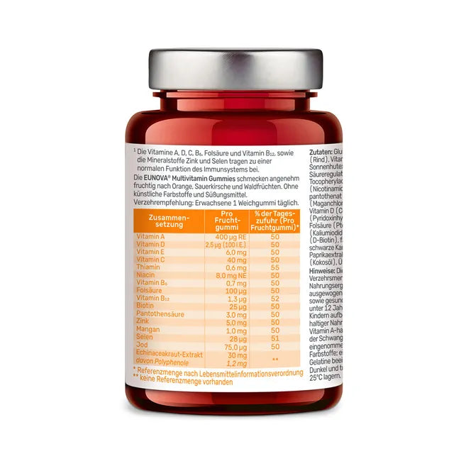 EUNOVA Multivitamin Gummies | 11 Vitamins + 4 Minerals & Echinacea | Immune Support | 60 Gummies | PZN 18747113