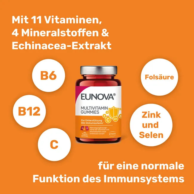 EUNOVA Multivitamin Gummies | 11 Vitamins + 4 Minerals & Echinacea | Immune Support | 60 Gummies | PZN 18747113