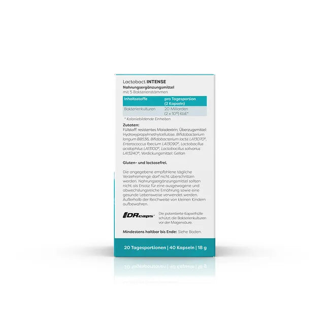 Lactobact INTENSE Probiotic 40 Capsules | 20 Billion CFU | 5 Live Bacterial Strains | Delayed-Release Capsules | Suitable for ages 8 and up PZN 18794673