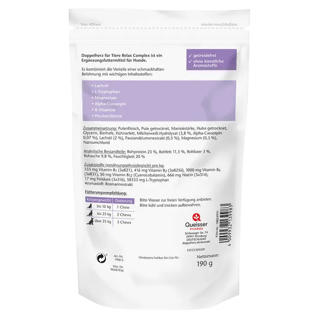 Doppelherz Relax Complex for Dogs | L-Tryptophan, Alpha-Casozepine, Magnesium & B Vitamins | Calming & Relaxation Support | 60 Chews | PZN 18824931