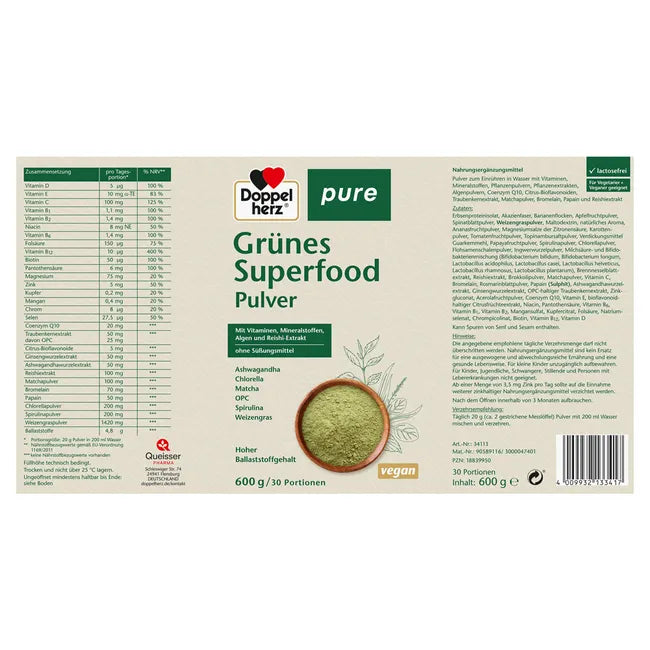 Doppelherz Green Superfood PURE | Spirulina, Chlorella, Wheatgrass, Matcha, Ashwagandha, Vitamins & Minerals | Vegan Greens Powder | 600 g | PZN 18839950