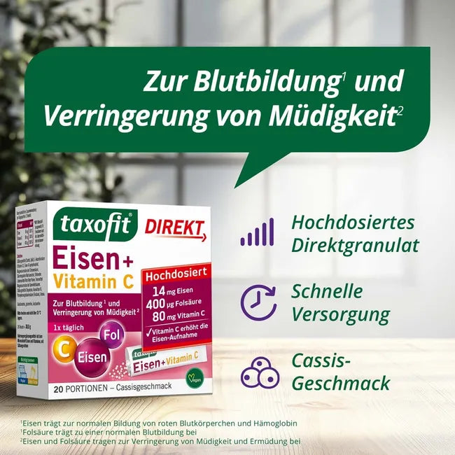 taxofit Eisen + Vitamin C Direkt-Granulat Twin Pack | 2 × 20 Sachets | Iron, Vitamin C & Folic Acid | Direct Granules | Cassis Flavor | 40 Sachets PZN 19080556