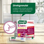 taxofit Eisen + Vitamin C Direkt-Granulat Twin Pack | 2 × 20 Sachets | Iron, Vitamin C & Folic Acid | Direct Granules | Cassis Flavor | 40 Sachets PZN 19080556