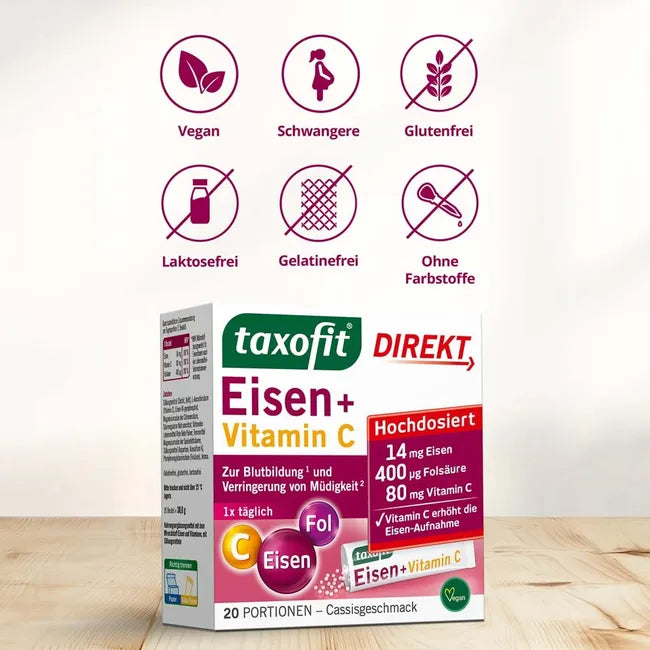 taxofit Eisen + Vitamin C Direkt-Granulat Twin Pack | 2 × 20 Sachets | Iron, Vitamin C & Folic Acid | Direct Granules | Cassis Flavor | 40 Sachets PZN 19080556