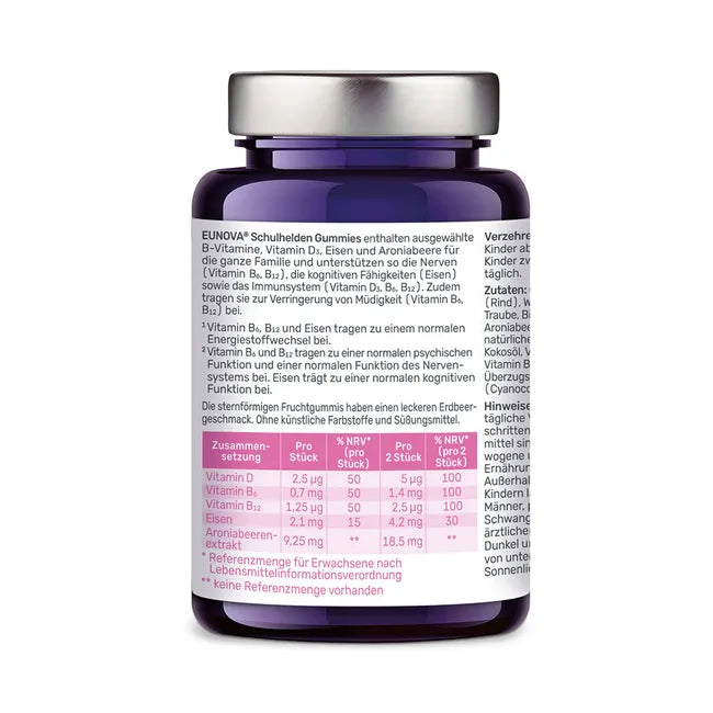 EUNOVA Schulhelden Gummies 2-Pack | Vitamin B6, B12, D3, Iron & Aronia | Energy & Cognitive Support | Strawberry | 2 × 60 Gummies | PZN 19128926