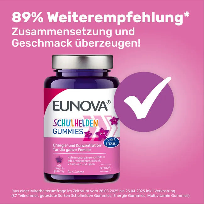 EUNOVA Schulhelden Gummies 2-Pack | Vitamin B6, B12, D3, Iron & Aronia | Energy & Cognitive Support | Strawberry | 2 × 60 Gummies | PZN 19128926