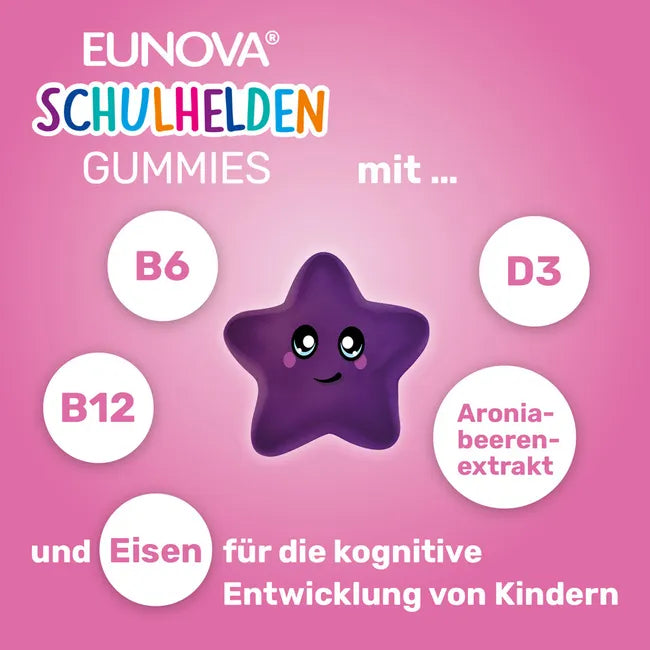 EUNOVA Schulhelden Gummies 2-Pack | Vitamin B6, B12, D3, Iron & Aronia | Energy & Cognitive Support | Strawberry | 2 × 60 Gummies | PZN 19128926
