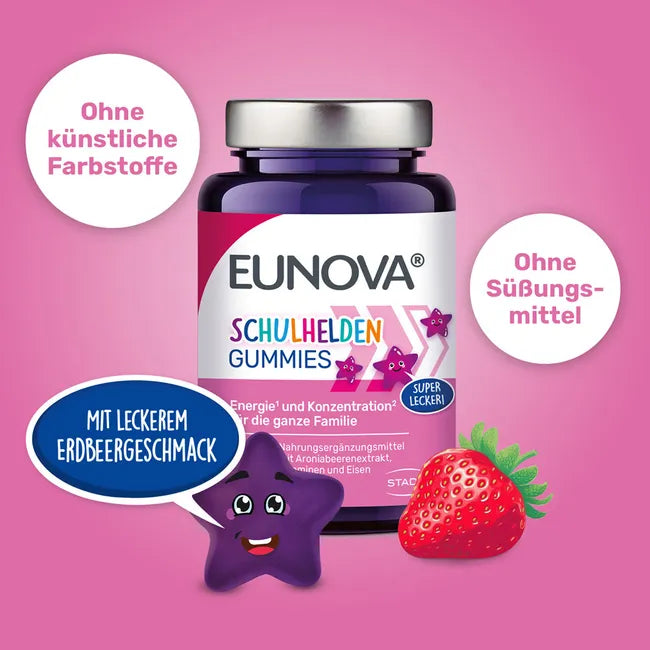 EUNOVA Schulhelden Gummies 2-Pack | Vitamin B6, B12, D3, Iron & Aronia | Energy & Cognitive Support | Strawberry | 2 × 60 Gummies | PZN 19128926