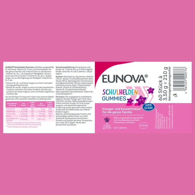 EUNOVA Schulhelden Gummies 2-Pack | Vitamin B6, B12, D3, Iron & Aronia | Energy & Cognitive Support | Strawberry | 2 × 60 Gummies | PZN 19128926