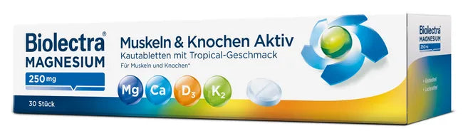 Biolectra® Magnesium 250 mg Muscles & Bones Active | Magnesium + Calcium + Vitamin D3 & K2 | 30 Chewable Tablets | PZN 19145161