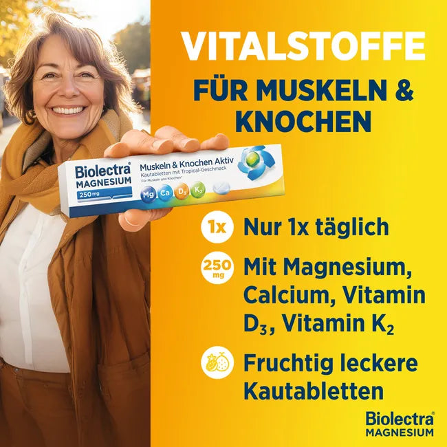 Biolectra® Magnesium 250 mg Muscles & Bones Active | Magnesium + Calcium + Vitamin D3 & K2 | 30 Chewable Tablets | PZN 19145161