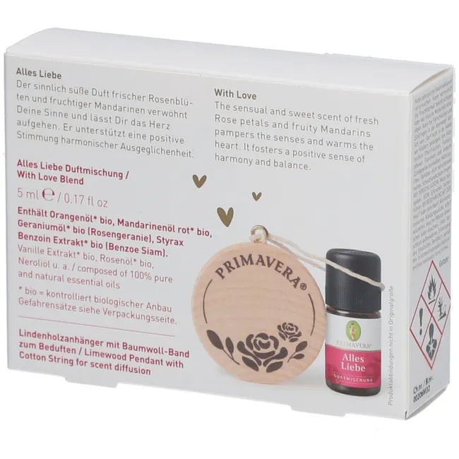 PRIMAVERA Alles Liebe Gift Set | Organic Essential Oil Blend with Linden Wood Aroma Pendant | Rose & Mandarin | 5 ml | PZN 19181926