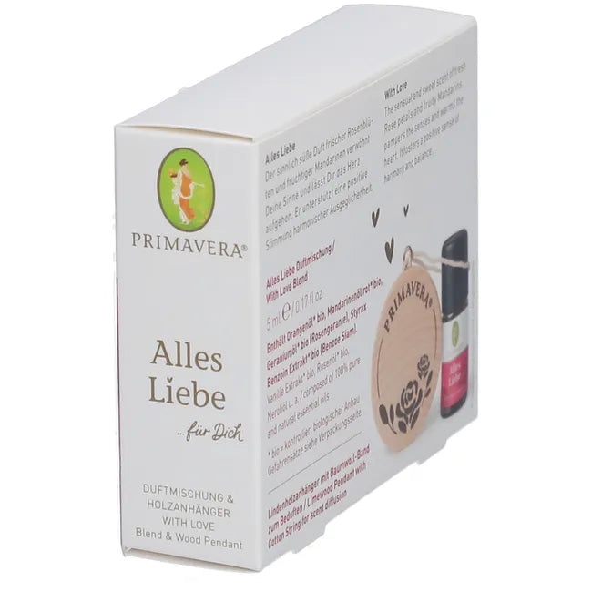 PRIMAVERA Alles Liebe Gift Set | Organic Essential Oil Blend with Linden Wood Aroma Pendant | Rose & Mandarin | 5 ml | PZN 19181926