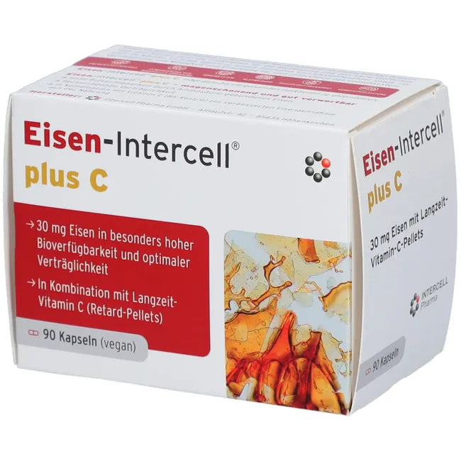 Eisen-intercell Plus C | Iron Bisglycinate 30 mg + Vitamin C 160 mg | Red Blood Cell, Energy & Fatigue Support | Vegan | 90 Capsules | PZN 19275544