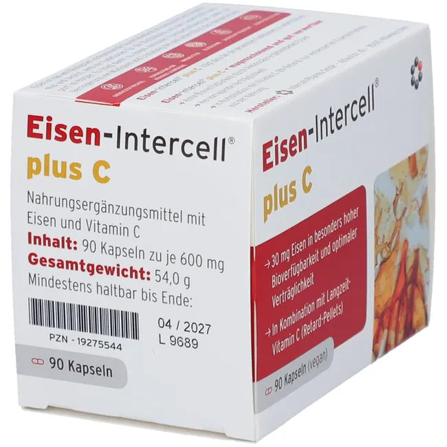 Eisen-intercell Plus C | Iron Bisglycinate 30 mg + Vitamin C 160 mg | Red Blood Cell, Energy & Fatigue Support | Vegan | 90 Capsules | PZN 19275544