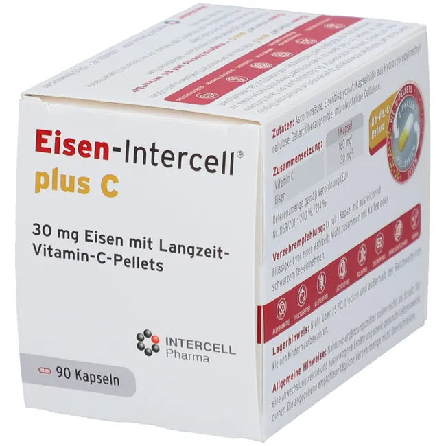 Eisen-intercell Plus C | Iron Bisglycinate 30 mg + Vitamin C 160 mg | Red Blood Cell, Energy & Fatigue Support | Vegan | 90 Capsules | PZN 19275544