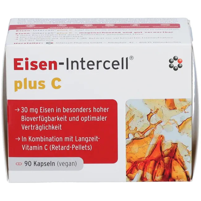Eisen-intercell Plus C | Iron Bisglycinate 30 mg + Vitamin C 160 mg | Red Blood Cell, Energy & Fatigue Support | Vegan | 90 Capsules | PZN 19275544
