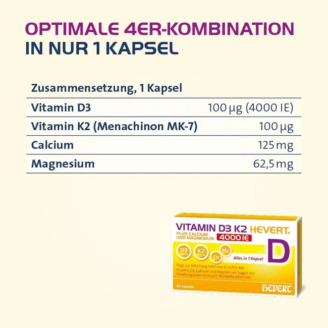 Vitamin D3 K2 Hevert 4000 IU | Vitamin K2 MK-7 + Calcium & Magnesium | Bone & Muscle Support | 120 Capsules | PZN 19295713